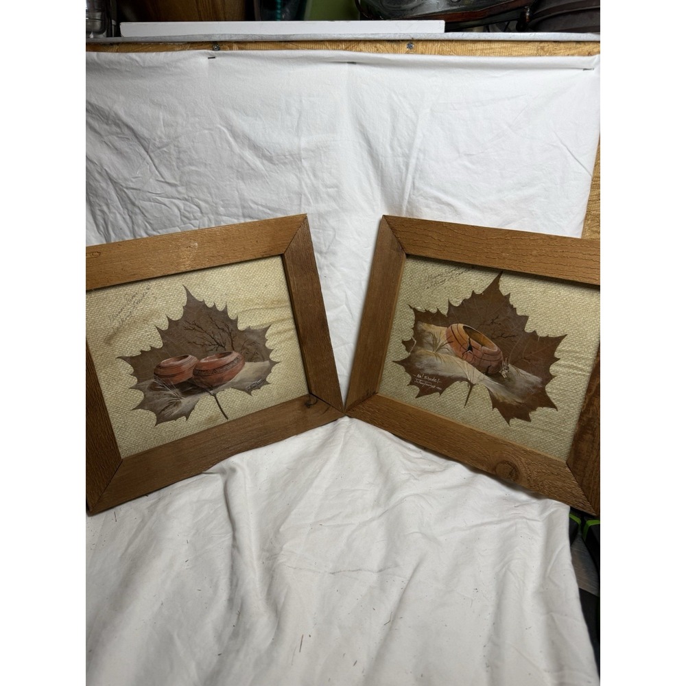 Jo Ann Tinning Illinois River Talking Leaves Signed Folk Art Leaf Set 1992 Okla.